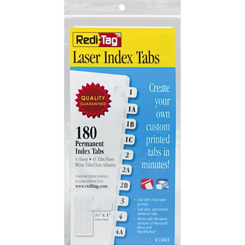 Laser Printable Index Tabs, 7/16 Inch, White, 180/pack