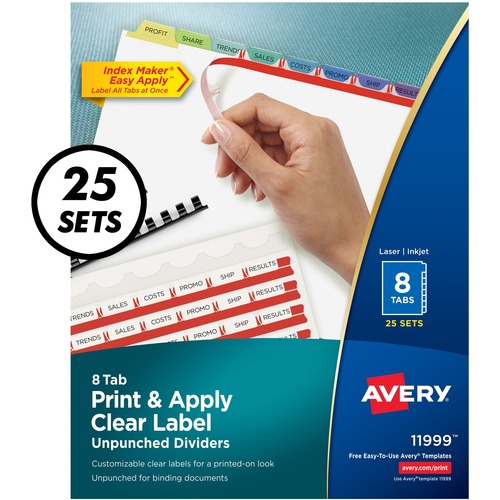 PRINT AND APPLY INDEX MAKER CLEAR LABEL UNPUNCHED DIVIDERS, 8-TAB, LTR, 25 SETS