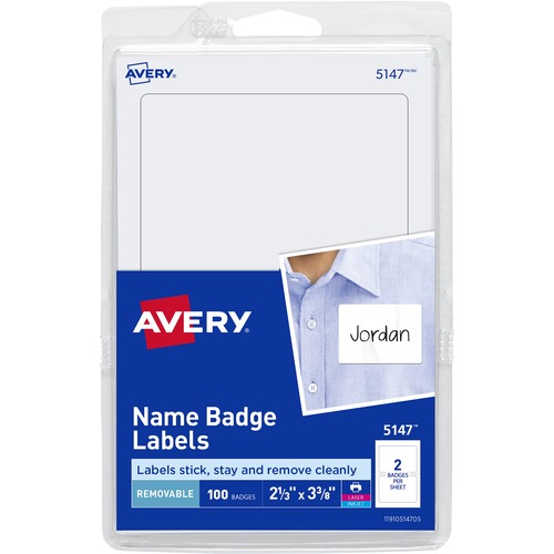 PRINTABLE ADHESIVE NAME BADGES, 2 1/3 X 3 3/8, WHITE, 100/PACK