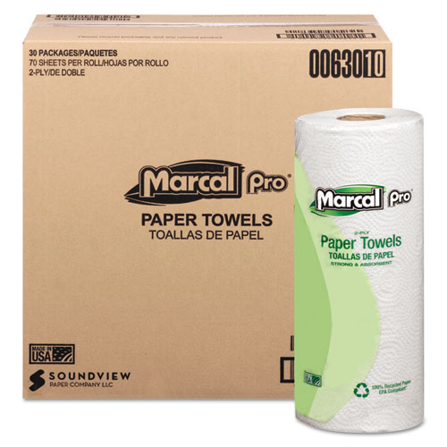 100(percent) Premium Recycled Towels, 2-Ply, 11 X 9, White, 70/roll, 30 Rolls/carton