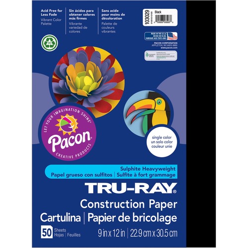 Tru-Ray Construction Paper, 76 Lbs., 9 X 12, Black, 50 Sheets/pack