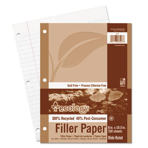 Ecology Filler Paper, 8 X 10-1/2, Wide Ruled, 3-Hole Punch, White, 150 Sheets/pk