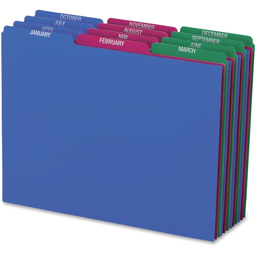 POLY TOP TAB FILE GUIDES, 1/3-CUT TOP TAB, JANUARY TO DECEMBER, 8.5 X 11, ASSORTED COLORS, 12/SET