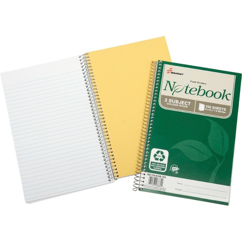 7530016002020 SKILCRAFT RECYCLED NOTEBOOK, 3 SUBJECTS, MEDIUM/COLLEGE RULE, GREEN COVER, 9.5 X 6, 150 SHEETS, 3/PACK