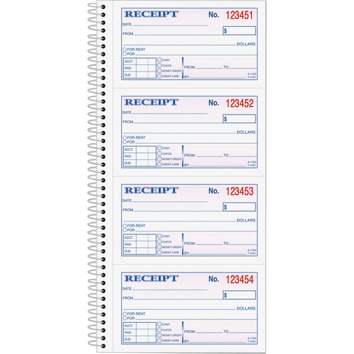 Money/rent Receipt Spiral Book, 2-3/4 X 4 3/4, 2-Part Carbonless, 200 Sets/book