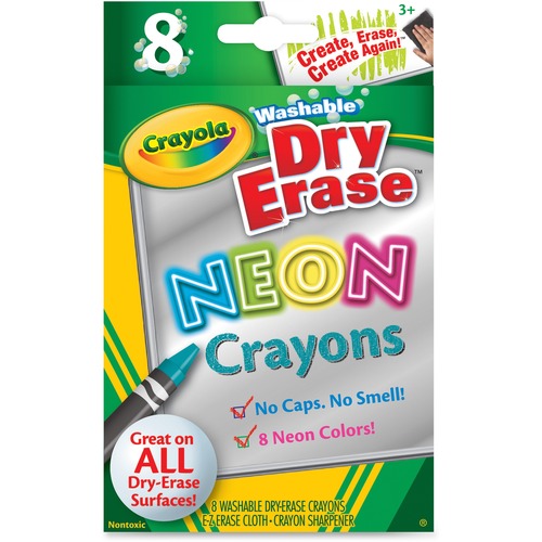 Dry Erase Crayons, Washable, 8/BX, Neon Assorted