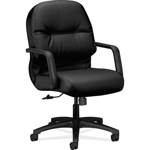 PILLOW-SOFT 2090 SERIES LEATHER MANAGERIAL MID-BACK SWIVEL/TILT CHAIR, SUPPORTS UP TO 300 LBS., BLACK SEAT/BACK, BLACK BASE