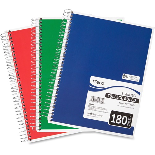 Spiral Bound Notebook, Perforated, College Rule, 10 1/2 X 8, White, 180 Sheets