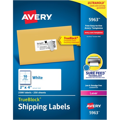 SHIPPING LABELS W/ TRUEBLOCK TECHNOLOGY, LASER PRINTERS, 2 X 4, WHITE, 10/SHEET, 250 SHEETS/BOX