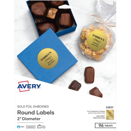 Avery  Labels, Round, Foil/Embossed, 2" Dia, 96/PK, Gold