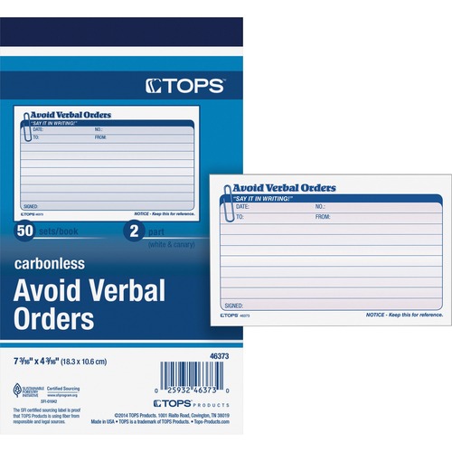 Avoid Verbal Orders Manifold Book, 6 1/4 X 4 1/4, 2-Part Carbonless, 50 Sets/bk