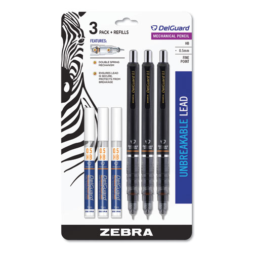 DELGUARD MECHANICAL PENCILS WITH REFILLS, 0.5 MM, BLACK, 3/PACK