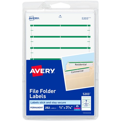 PERMANENT FILE FOLDER LABELS, 11/16 X 3 7/16, WHITE/GREEN BAR, 252/PACK