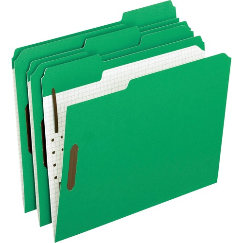 Colored Folders With Embossed Fasteners, 1/3 Cut, Letter, Green/grid Interior
