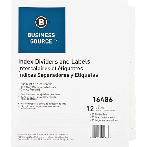 Index Dividers, 3HP, 12-Tab, 25 Sets/BX, White