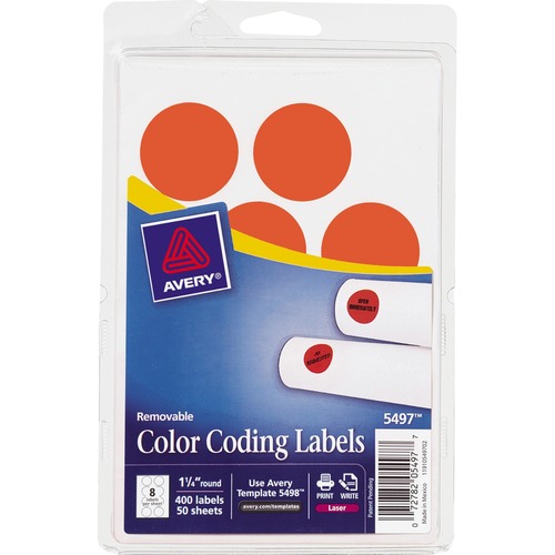 Printable Removable Color-Coding Labels, 1 1/4" Dia, Neon Red, 400/pack