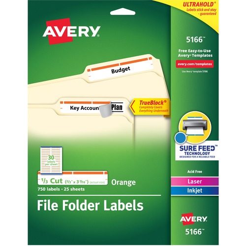 Permanent File Folder Labels, Trueblock, Inkjet/laser, Orange Border, 750/pack