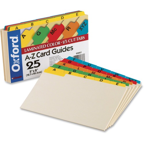 Laminated Tab Index Card Guides, Alpha, 1/5 Tab, Manila, 5 X 8, 25/set
