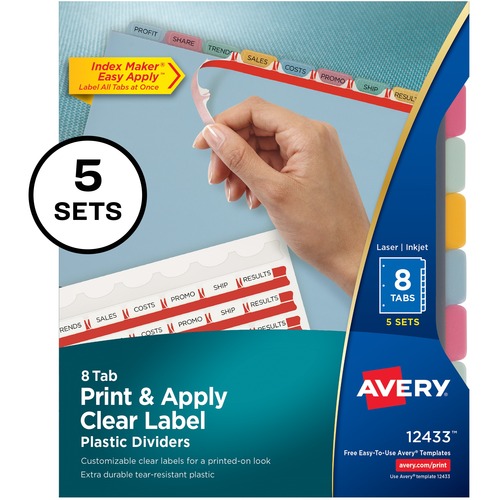 PRINT AND APPLY INDEX MAKER CLEAR LABEL PLASTIC DIVIDERS, 8-TAB, LETTER, 5 SETS