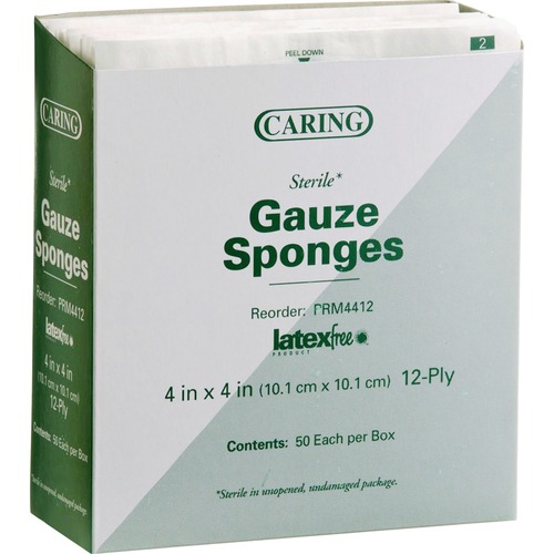 Caring Woven Gauze Sponges, 4 X 4, Sterile, 12-Ply, 1200/carton