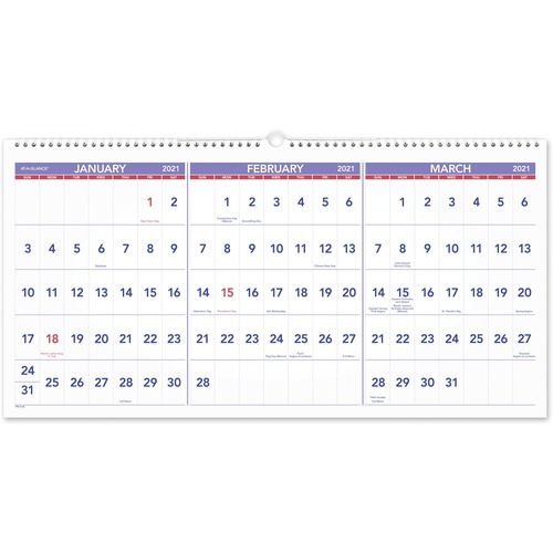 HORIZONTAL-FORMAT THREE-MONTH REFERENCE WALL CALENDAR, 23 1/2 X 12, 2019