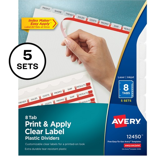 PRINT AND APPLY INDEX MAKER CLEAR LABEL PLASTIC DIVIDERS, 8-TAB, LETTER, 5 SETS
