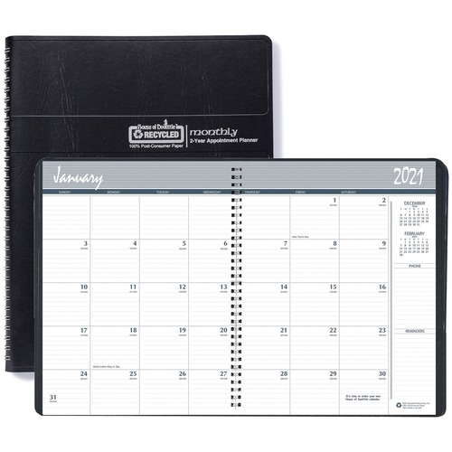 RECYCLED 24-MONTH RULED MONTHLY PLANNER, 8 1/2 X 11, BLACK, 2019-2020