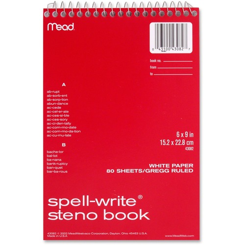 Spell Write Wirebound Steno Book, Gregg Rule, 6 X 9, White, 80 Sheets