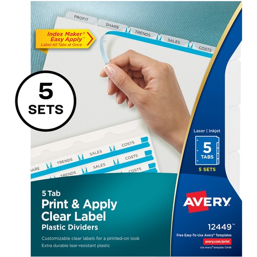PRINT AND APPLY INDEX MAKER CLEAR LABEL PLASTIC DIVIDERS, 5-TAB, LETTER, 5 SETS