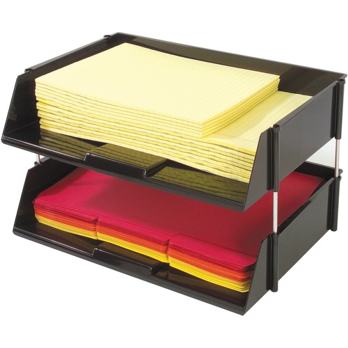 INDUSTRIAL 2-TRAY SIDE-LOAD STACKING TRAY SET W/METAL RISERS, BLACK