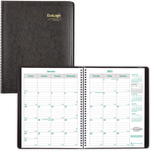 ECOLOGIX RECYCLED MONTHLY PLANNER, 11 X 8 1/2, BLACK SOFT COVER, 2019