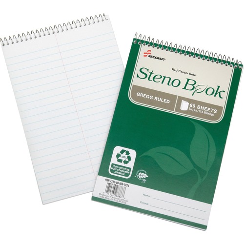 7530016002029 SKILCRAFT RECYCLED STENO BOOK, GREGG RULE, 6 X 9, WHITE, 60 SHEETS, 6/PACK