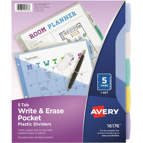 WRITE AND ERASE DURABLE PLASTIC DIVIDERS WITH POCKET, 3-HOLD PUNCHED, 5-TAB, 11.13 X 9.25, ASSORTED, 1 SET