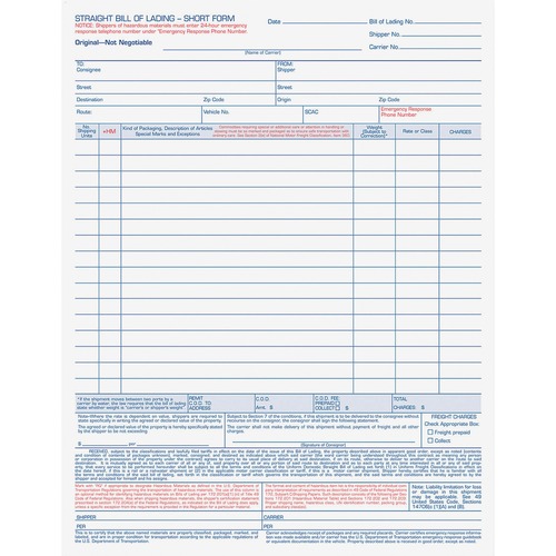 Bill Of Lading,16-Line, 8-1/2 X 11, Four-Part Carbonless, 50 Forms