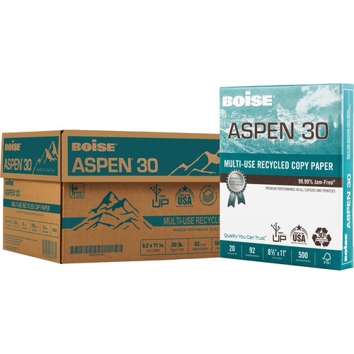 ASPEN 30(percent) RECYCLED MULTI-USE PAPER, 92 BRIGHT, 20LB, 8 1/2 X 11, WHITE, 5000/CT