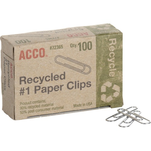 RECYCLED PAPER CLIPS, MEDIUM (NO. 1), SILVER, 100/BOX, 10 BOXES/PACK
