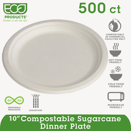 RENEWABLE AND COMPOSTABLE SUGARCANE PLATES - 10", 500/CARTON