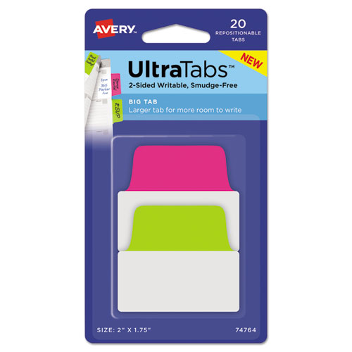 ULTRA TABS REPOSITIONABLE TABS, 2 X 1.75, NEON: GREEN, PINK, 20/PK