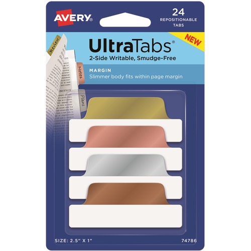 ULTRA TABS REPOSITIONABLE TABS, 2.5 X 1, ASSORTED METALLIC, 24/PK