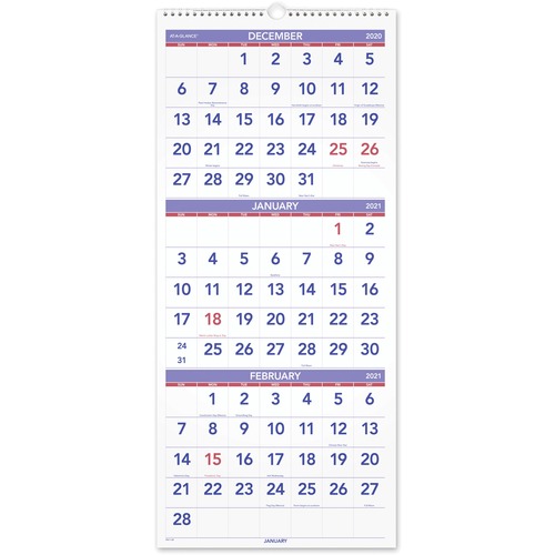 VERTICAL-FORMAT THREE-MONTH REFERENCE WALL CALENDAR, 12 X 27, 2021