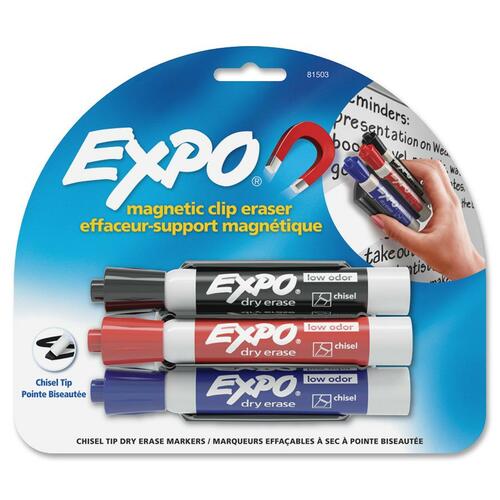 Magnetic Clip Eraser W/3 Markers, Chisel, Black/blue/red, 1 Set