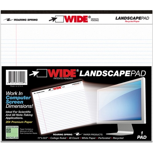 Wide Landscape Format Writing Pad, College Ruled, 11 X 9 1/2, White, 40 Sheets