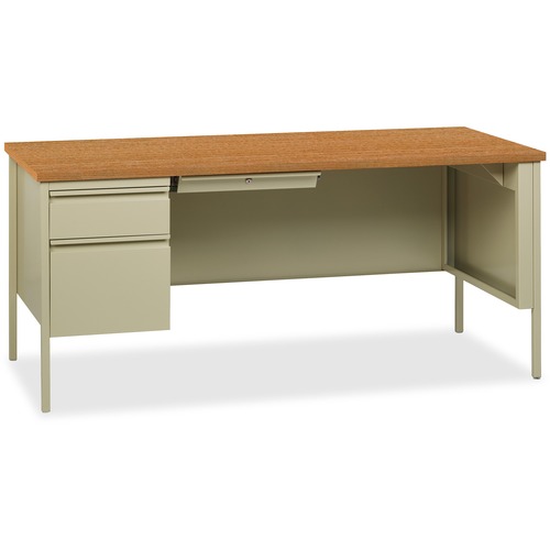 Left Pedestal Desk, Steel, 66"x30"x29-1/2", Oak/Putty