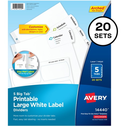 BIG TAB PRINTABLE LARGE WHITE LABEL TAB DIVIDERS, 5-TAB, LETTER, 20 PER PACK