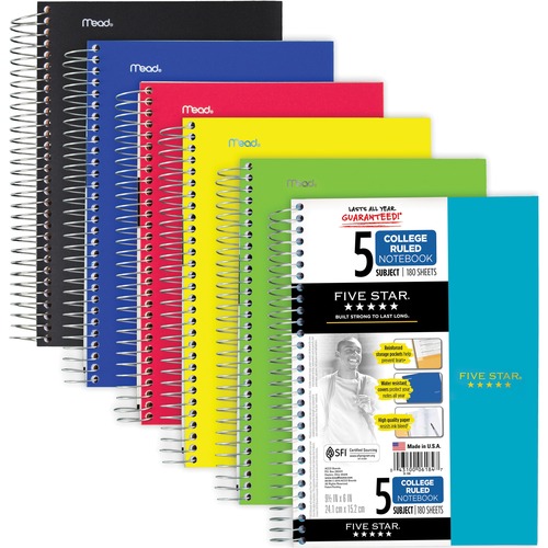 Notebook,Wirebound,5-Subject,180 Sheets,9-1/2"x6",Assorted
