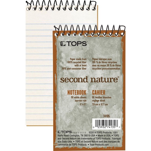 Second Nature Subject Wirebound Notebook, Narrow, 3 X 5, White, 50 Sheets