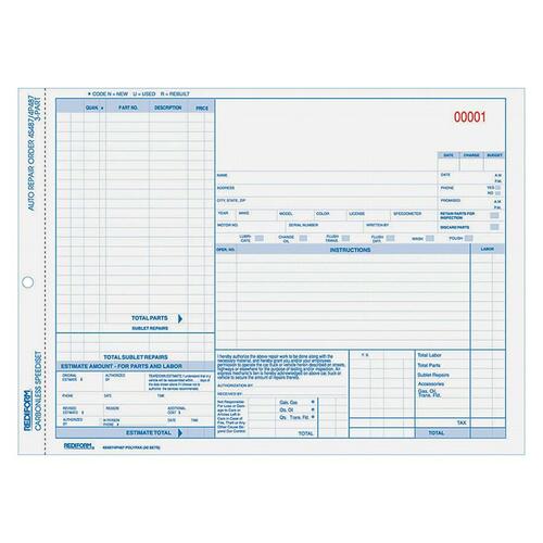 Auto Repair Order Form, Speediset,3-Part,50/PK,8-1/2"x11"