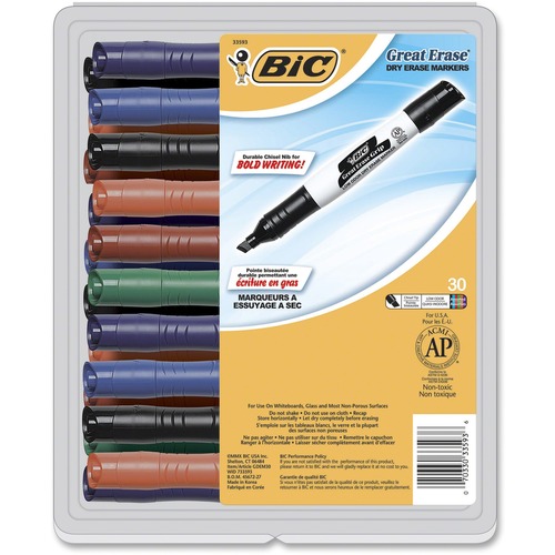 GREAT ERASE GRIP CHISEL TIP DRY ERASE MARKERS, LOW-ODOR, ASSORTED, 30/PK