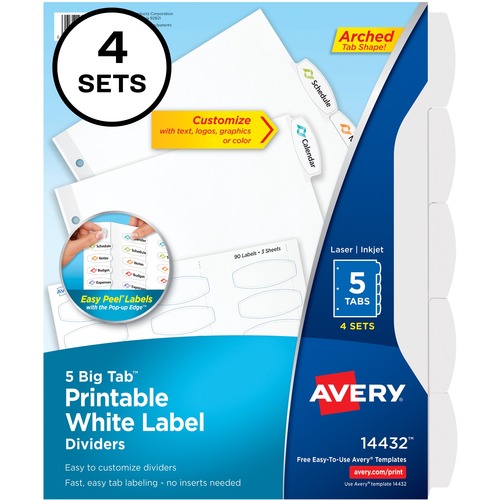 Easy Peel White Label Tab Dividers, 5-Tab, 6/PK, White