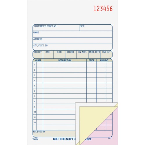 Carbonless Sales Order Book, Three-Part Carbonless, 4-3/16 X 7 3/16, 50 Sheets